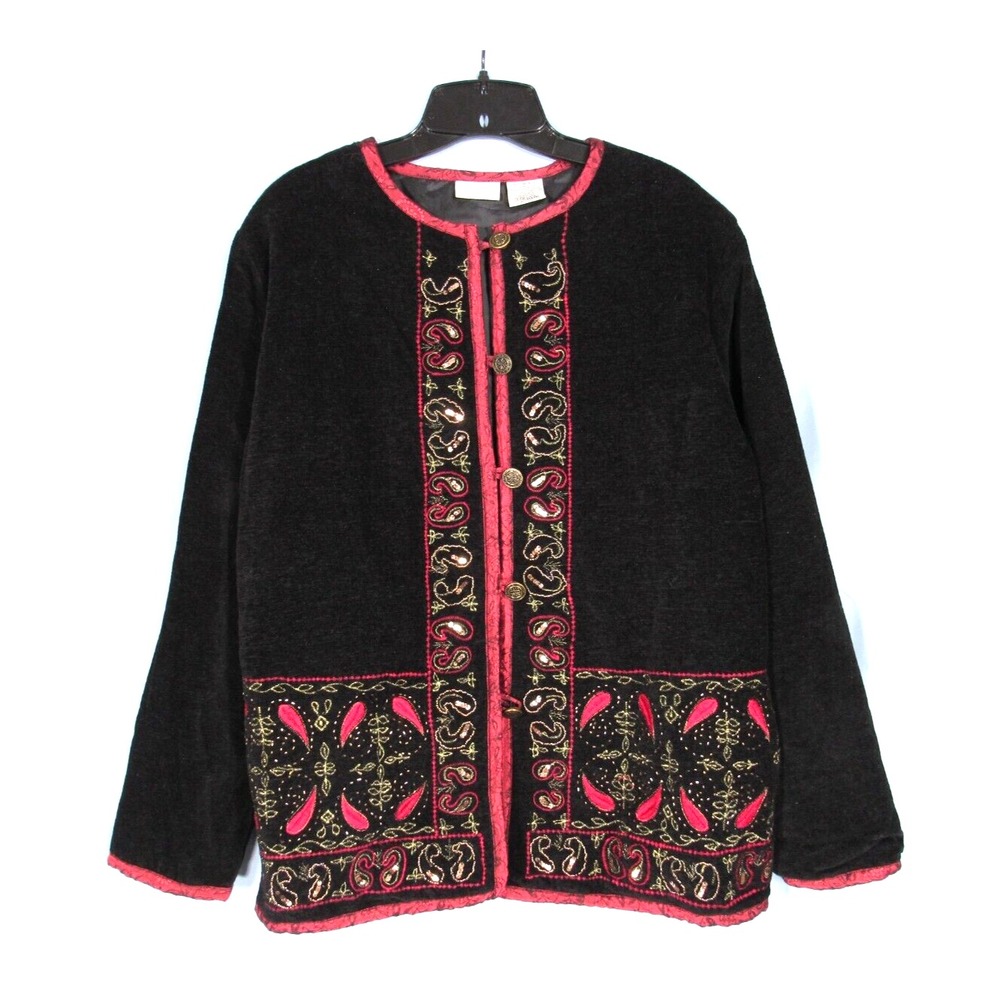 VTG WHITE STAG Black Chenille w/Red Satin Trim BEADED Sweater Cardigan JACKET M